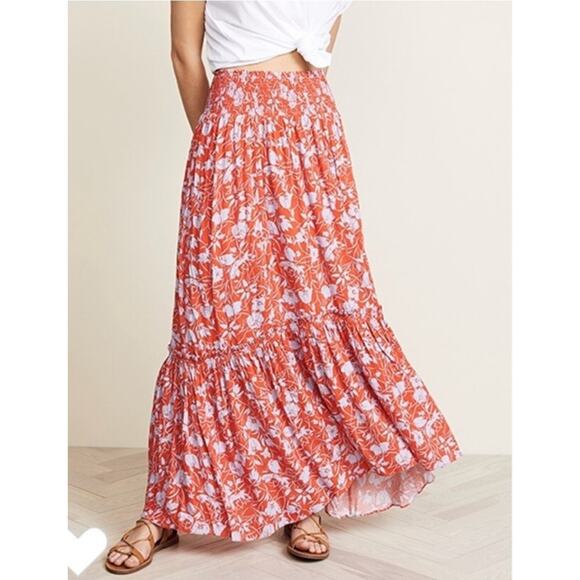 Free People Way of the Wind Printed Midi Skirt Orange Blue Floral Smocked Waist - Picture 1 of 9